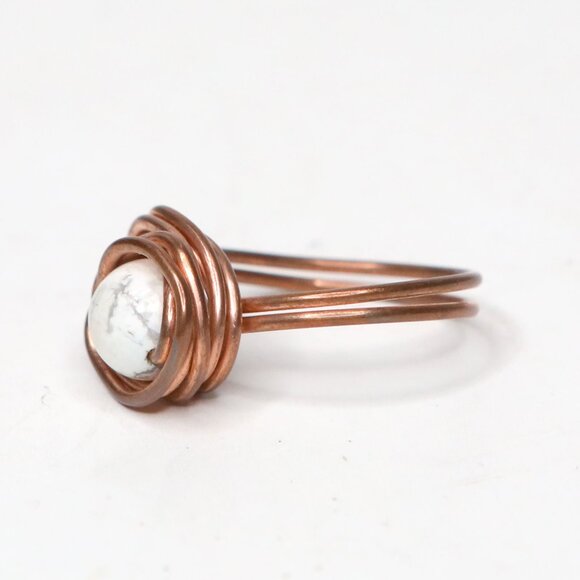 Handmade Copper Wire Wrapped Ring | White Ceramic Bead Grey Veins | Bohemian - Picture 3 of 7